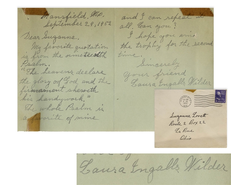 Laura Ingalls Wilder Autograph Letter Signed -- ''My favorite quotation...'The heavens declare the glory of God and the firmament showeth his handywork...''